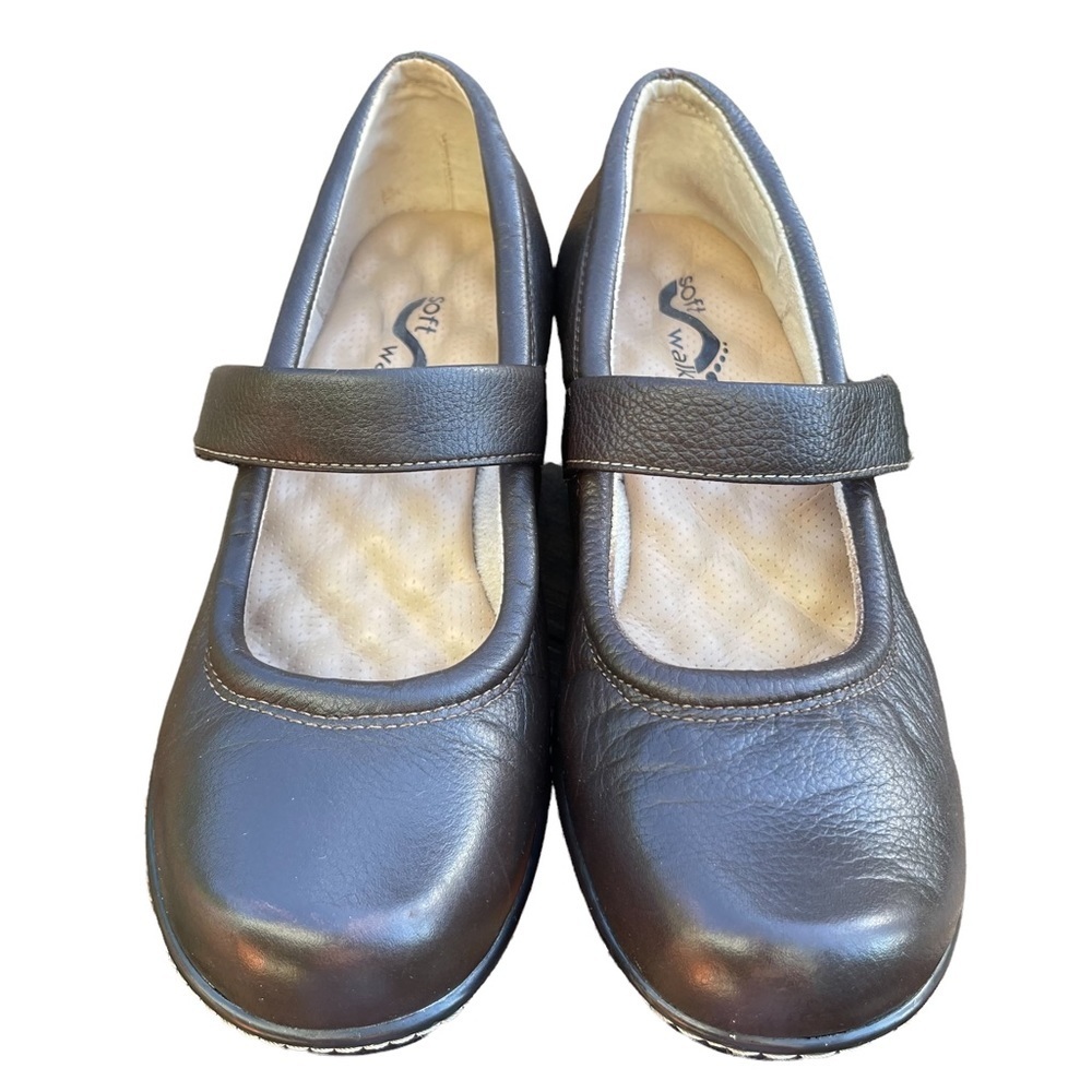 SoftWalk Mary Jane Brown Leather Upper Comfort Wedge Round Toe Shoes Size: 8.5
